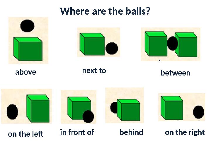 Where are the balls? on the left on the rightin front ofabove behind betweennext to