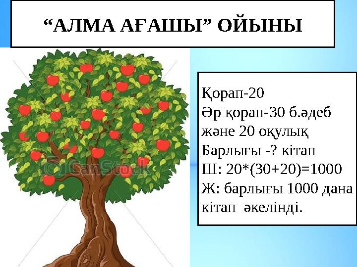 “АЛМА АҒАШЫ” ОЙЫНЫ Қорап-20 Әр қорап-30 б.әдеб және 20 оқулық Барлығы -? кітап Ш: 20*(30+20)=1000 Ж: барлығы 1000 дана кітап