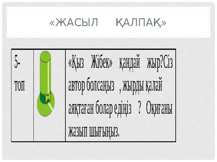 «ЖАСЫЛ ҚАЛПАҚ» 5- топ «Қыз Жібек» қандай жыр? Сіз автор болсаңыз, жырды қалай аяқтаған болар едіңіз? Оқиғаны жазып шы