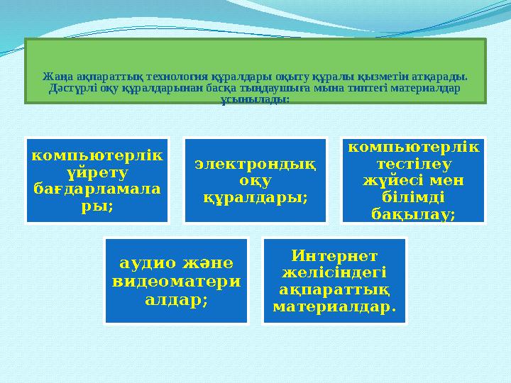 Жаңа ақпараттық технология құралдары оқыту құралы қызметiн атқарады. Дәстүрлi оқу құралдарынан басқа тыңдаушыға мына типтегi ма