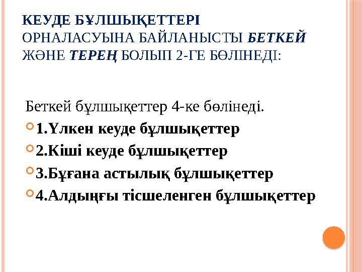 КЕУДЕ БҰЛШЫҚЕТТЕРІ ОРНАЛАСУЫНА БАЙЛАНЫСТЫ БЕТКЕЙ ЖӘНЕ ТЕРЕҢ БОЛЫП 2-ГЕ БӨЛІНЕДІ: Беткей бұлшықеттер 4-ке бөлінеді.  1.