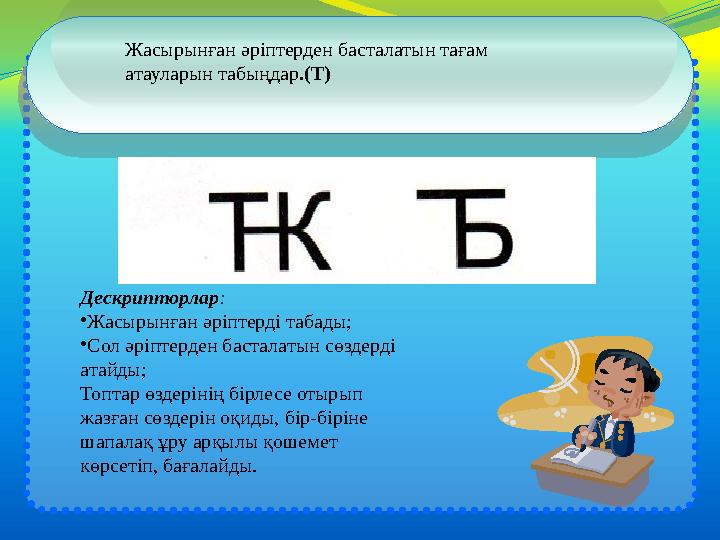 Жасырынған әріптерден басталатын тағам атауларын табыңдар.(Т) Дескрипторлар: •Жасырынған әріптерді табады; •Сол әріптерден бас