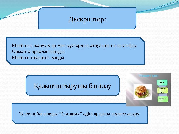 Дескриптор: -Мәтіннен жануарлар мен құстардың атауларын анықтайды -Орманга орналастырады -Мәтінге тақырып қояды Қалыптастырушы