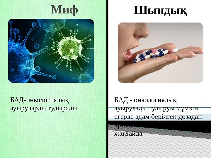 Миф Шындық БАД-онкологиялық ауыруларды тудырады БАД - онкологиялық ауырулады тудыруы мүмкін егерде адам берілген дозада