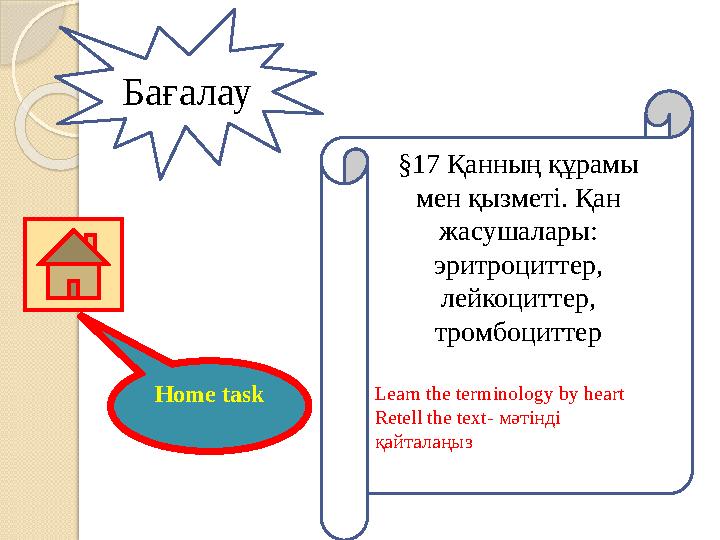 Home task Бағалау §17 Қанның құрамы мен қызметі. Қан жасушалары: эритроциттер, лейкоциттер, тромбоциттер Learn the t