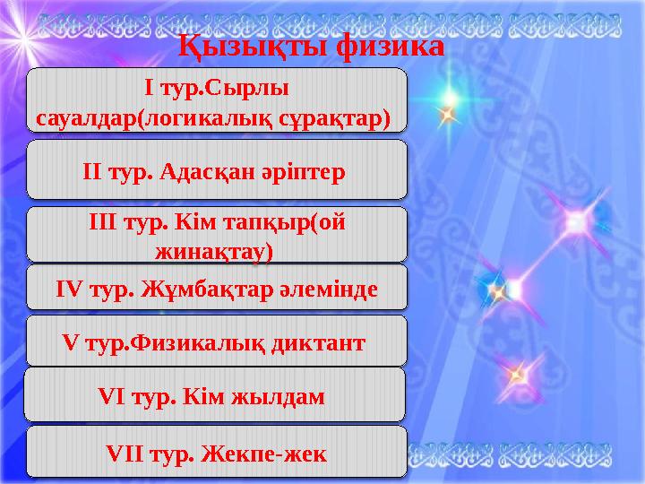 Қызықты физика І тур.Сырлы сауалдар(логикалық сұрақтар) ІV тур. Жұмбақтар әлемінде ІІІ тур. Кім тапқыр(о