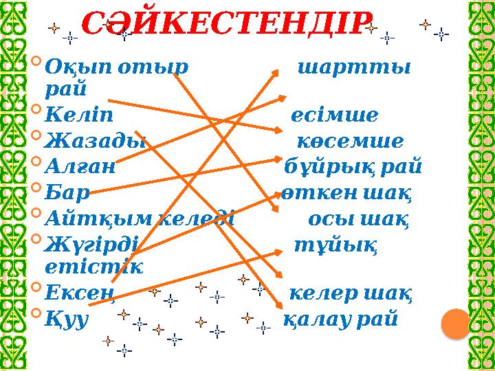 СӘЙКЕСТЕНДІР  Оқып отыр шартты рай  Келіп есімше 