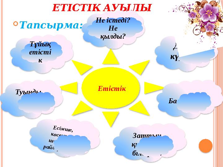 ЕТІСТІК АУЫЛЫ  Тапсырма: ЕтістікТұйық етісті к Не істеді? Не қылды? Дара, күрделі Туынды, негізгі Баяндауыш Е сім ш е