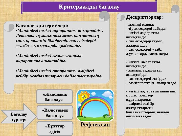 Критериалды бағалау Бағалау критерийлері: Дескрипторлар: • Мәтіндегі негізгі ақпаратты анықтайды. Лексикалық мағынасы жағынан з