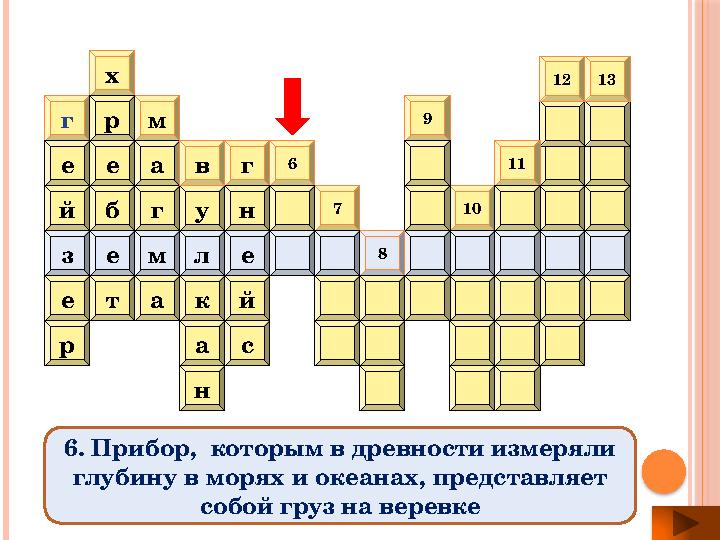 у р е г е й ам а г тх р е б й н ак 109 76 г нв с 8 елмез 1312 11 6. Прибор, которым в древности измеряли глубину в морях и оке