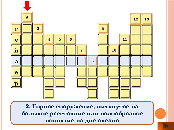 р е г е й 32 109 7654 8 з 1312 11 2. Горное сооружение, вытянутое на большое расстояние или валообразное поднятие на дне океан