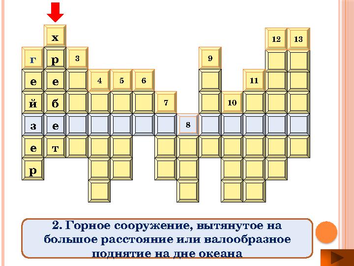 р е г е й 3 тх р е б 109 7654 8 ез 1312 11 2. Горное сооружение, вытянутое на большое расстояние или валообразное поднятие на