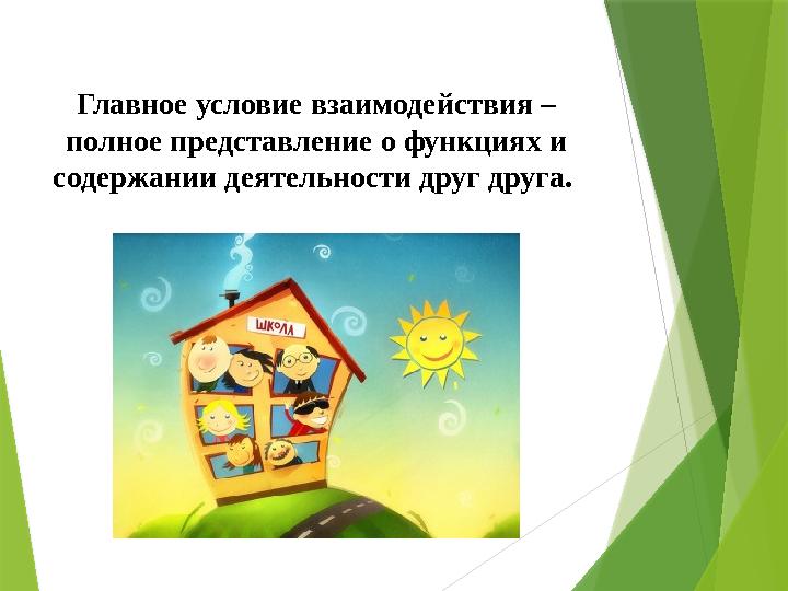 Главное условие взаимодействия – полное представление о функциях и содержании деятельности друг друга.