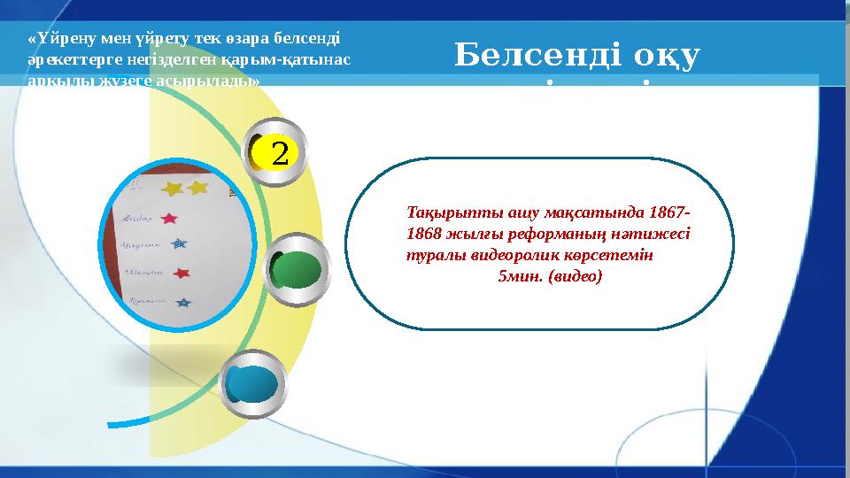 2 Белсенді оқу әдістері Тақырыпты ашу мақсатында 1867- 1868 жылғы реформаның нәтижесі туралы видеоролик көрсетемін 5мин. (ви