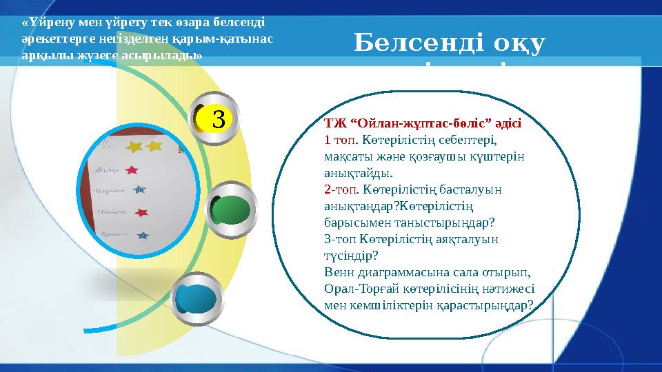 3 Белсенді оқу әдістері ТЖ “Ойлан-жұптас-бөліс” әдісі 1 топ . Көтерілістің себептері, мақсаты және қозғаушы күштерін анықтайд