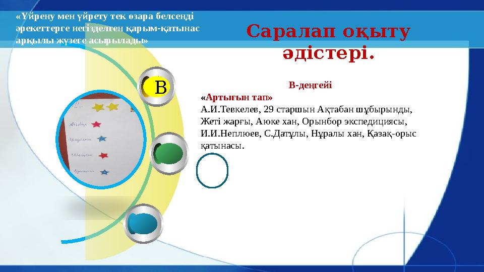 В Саралап оқыту әдістері.«Үйрену мен үйрету тек өзара белсенді әрекеттерге негізделген қарым-қатынас арқылы жүзеге асырылады»