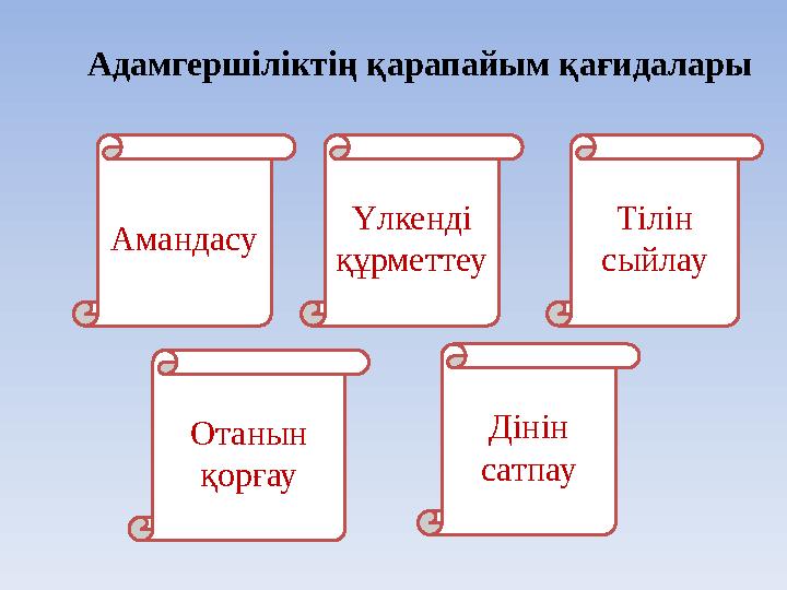 Амандасу Үлкенді құрметтеу Тілін сыйлау Отанын қорғау Дінін сатпау Адамгершіліктің қарапайым қағидалары