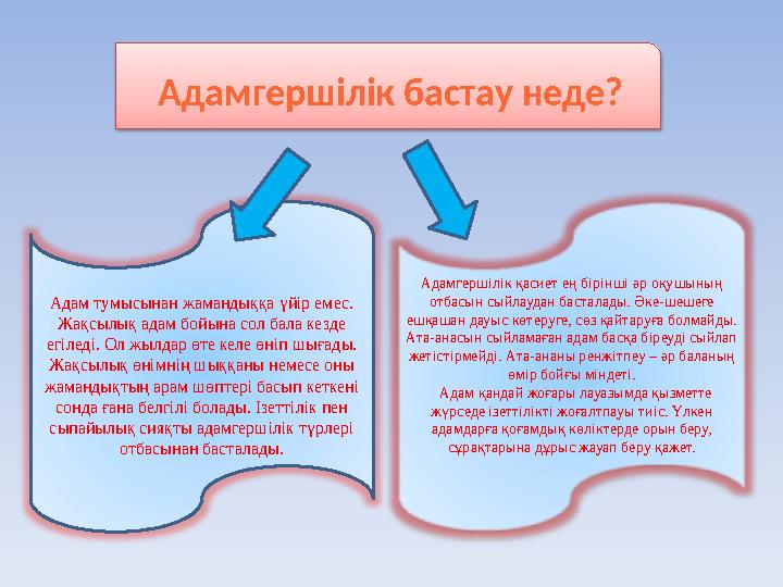 Адамгершілік бастау неде? Адам тумысынан жамандыққа үйір емес. Жақсылық адам бойына сол бала кезде егіледі. О