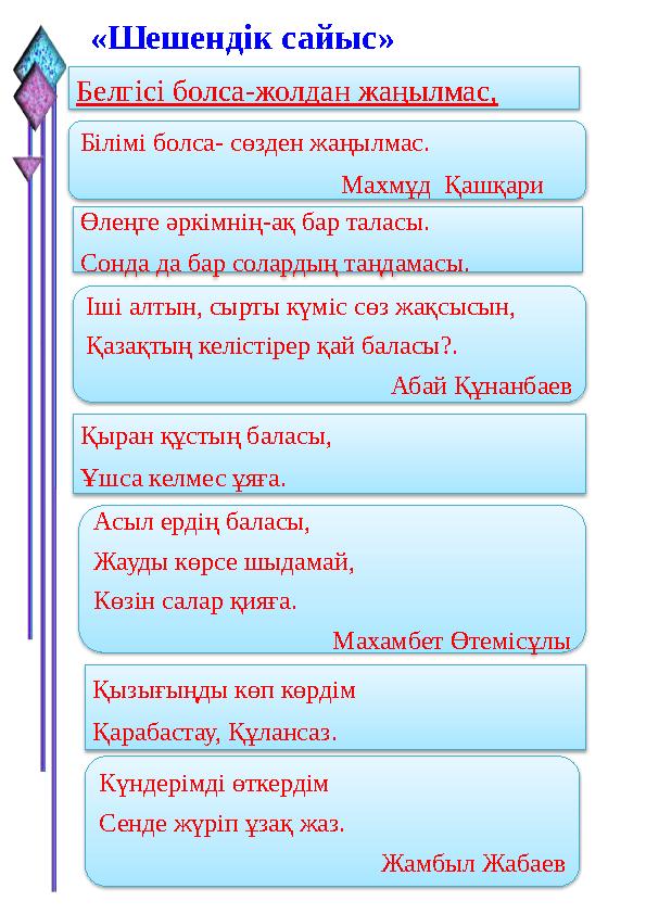 «Шешендік сайыс» Қызығыңды көп көрдім Қарабастау, Құлансаз.Білімі болса- сөзден жаңылмас.