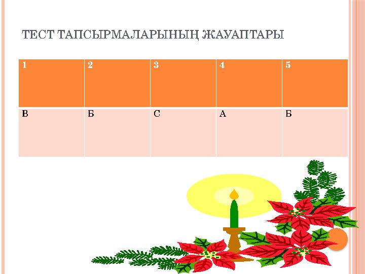 ТЕСТ ТАПСЫРМАЛАРЫНЫҢ ЖАУАПТАРЫ 1 2 3 4 5 B Б С А Б