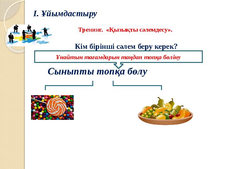 Сыныпты топқа бөлу І. Ұйымдастыру Тренинг. «Қызықты сәлемдесу». Кім