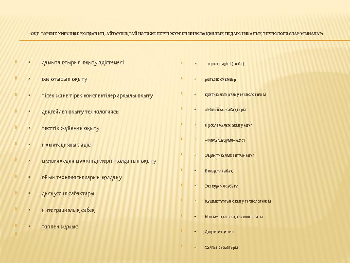 ОҚУ-ТӘРБИЕ ҮРДІСІНДЕ ҚОЛДАНЫП, АЙТАРЛЫҚТАЙ НӘТИЖЕ БЕРІП ЖҮРГЕН ИННОВАЦИЯЛЫҚ ПЕДАГОГИКАЛЫҚ ТЕХНОЛОГИЯЛАР МЫНАЛАР: • дамы