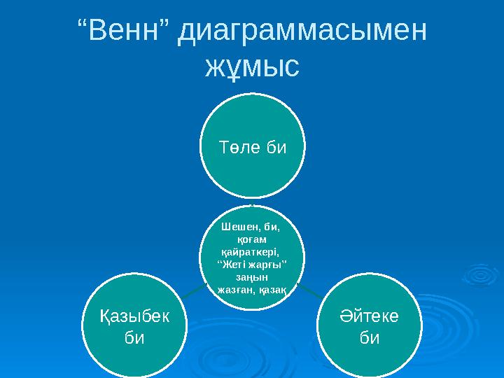 “Венн” диаграммасымен жұмыс Шешен, би, қоғам қайраткері, “Жеті жарғы” заңын жазған, қазақ Төле би Әйтеке би Қазыбек би