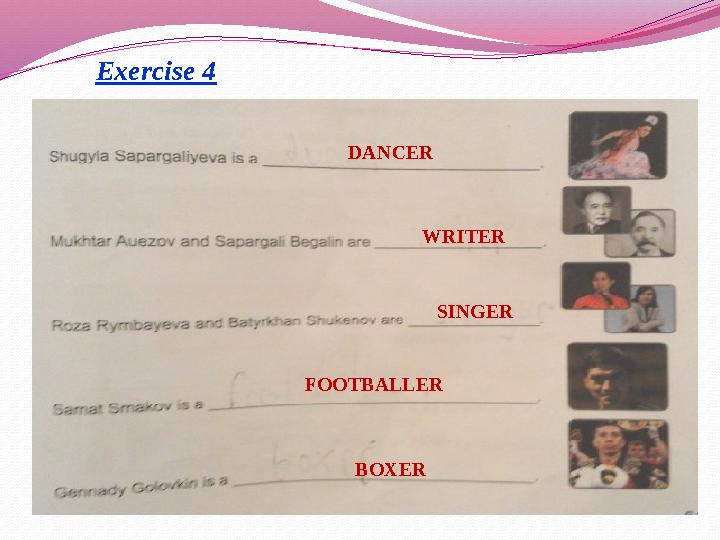 Exercise 4 DANCER WRITER SINGER FOOTBALLER BOXER