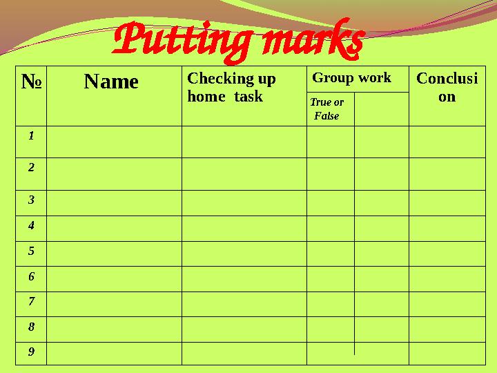 Putting marks № Name Checking up home task Group work Conclusi on 1 2 3 4 5 6 7 8 9 True or False