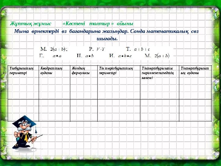 Жұптық жұмыс «Кестені толтыр » ойыны Мына өрнектерді өз бағандарына жазыңдар. Сонда математикалық сөз шығады. Үшб