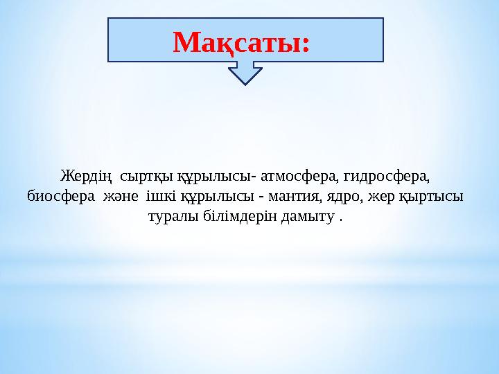 Мақсаты: Жердің сыртқы құрылысы- атмосфера, гидросфера, биосфера және ішкі құрылысы - мантия, ядро, жер қыртысы туралы