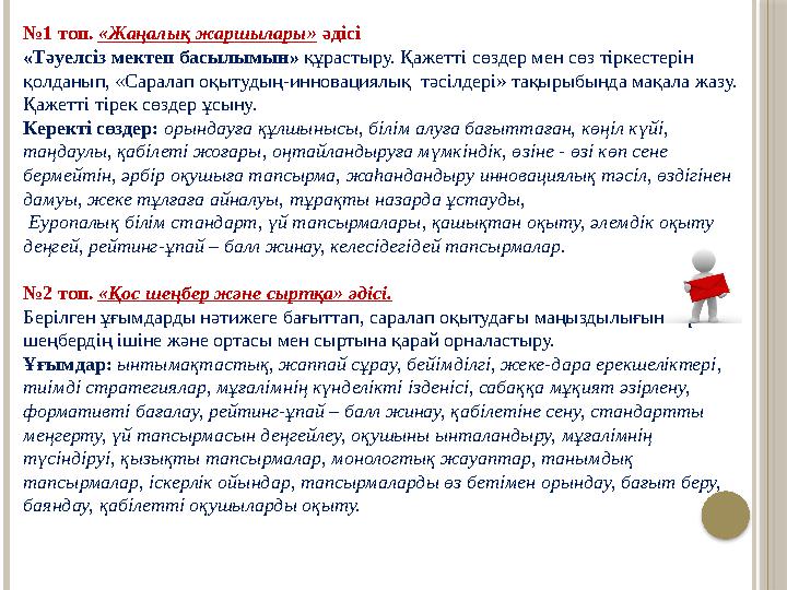 № 1 топ. «Жаңалық жаршылары» әдісі «Тәуелсіз мектеп басылымын» құрастыру. Қажетті сөздер мен сөз тіркестерін қолданып, «Сара