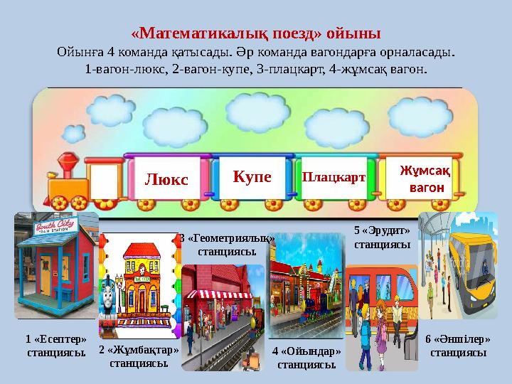 «Математикалық поезд» ойыны Ойынға 4 команда қатысады. Әр команда вагондарға орналасады. 1-вагон-люкс, 2-вагон-купе, 3-плацкарт,