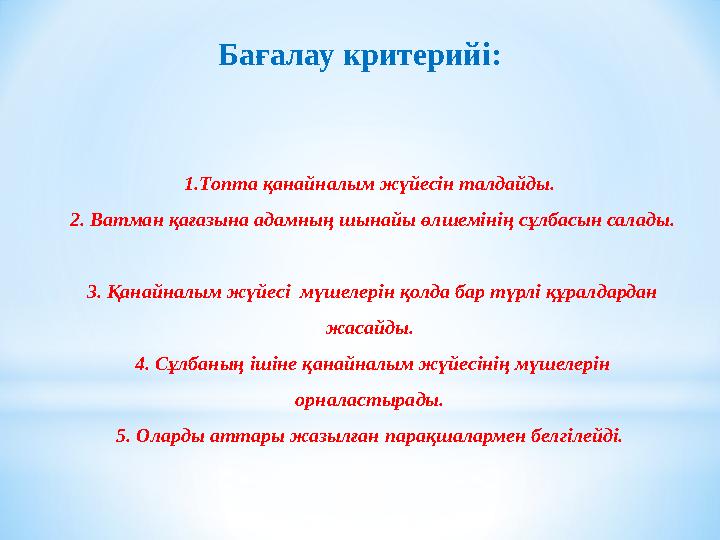Бағалау критерийі: 1.Топта қанайналым жүйесін талдайды. 2. Ватман қағазына адамның шынайы өлшемінің сұлбасын салады. 3. Қанайн