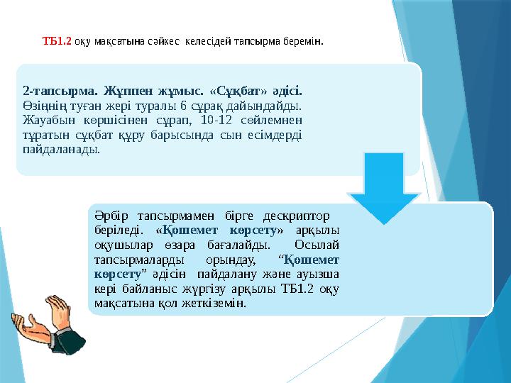 ТБ1.2 оқу мақсатына сәйкес келесідей тапсырма беремін. 2-тапсырма. Жұппен жұмыс. «Сұқбат» әдісі. Өзіңнің т ТБ1.2 оқу мақсатына сәйкес келесідей тапсырма беремін. 2-тапсырма. Жұппен жұмыс. «Сұқбат» әдісі. Өзіңнің т