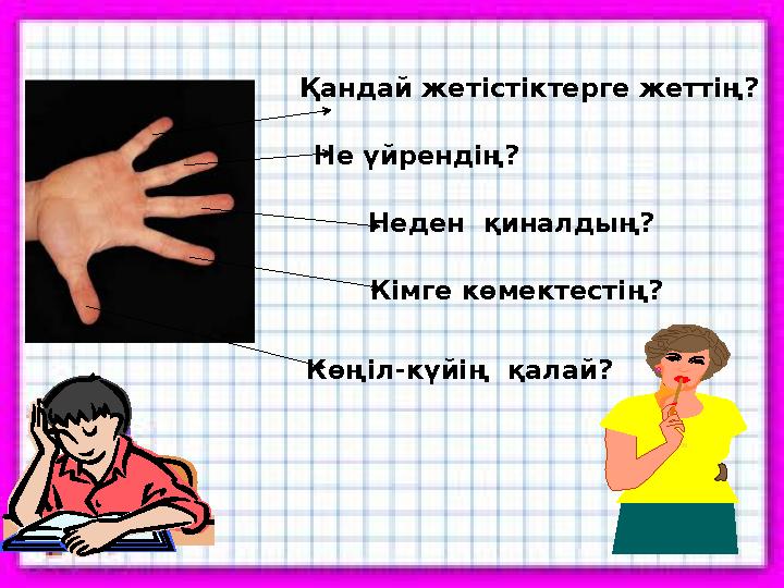 Қандай жетістіктерге жеттің? Не үйрендің? Неден қиналдың? Кімге көмектестің? Көңіл-күйің қалай?