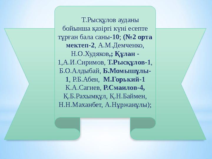 Т.Рысқұлов ауданы бойынша қазіргі күні есепте тұрған бала саны-10; (№2 орта мектеп-2, А.М.Демченко, Н.О.Худяков,; Құлан - 1