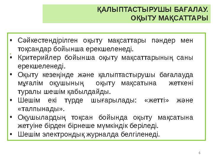 • 6 ҚАЛЫПТАСТЫРУШЫ БАҒАЛАУ. ОҚЫТУ МАҚСАТТАРЫ •Сәйкестендірілген оқыту мақсаттары пәндер мен тоқсандар бойынш