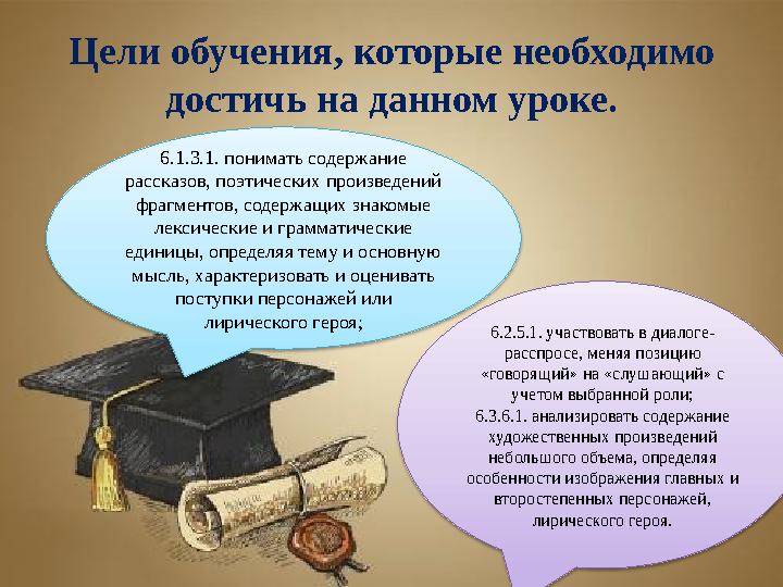 Цели обучения, которые необходимо достичь на данном уроке. 6.1.3.1. понимать содержание рассказов, поэтических произведений