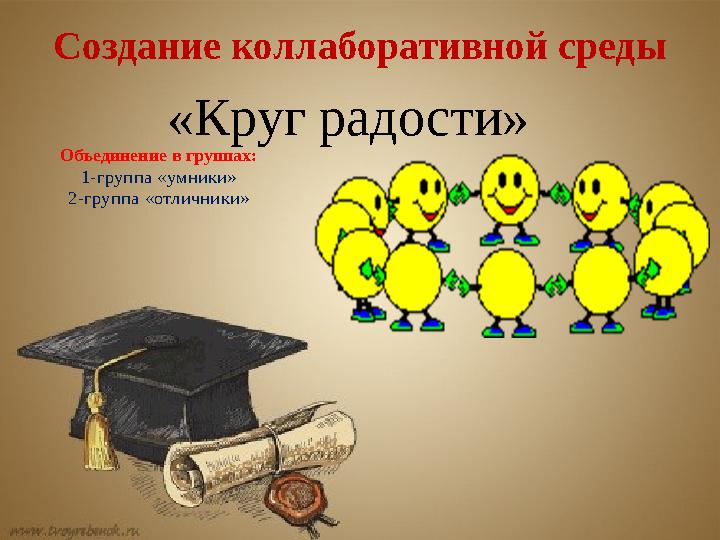 Создание коллаборативной среды «Круг радости» Объединение в группах: 1-группа «умники» 2-группа «отличники»
