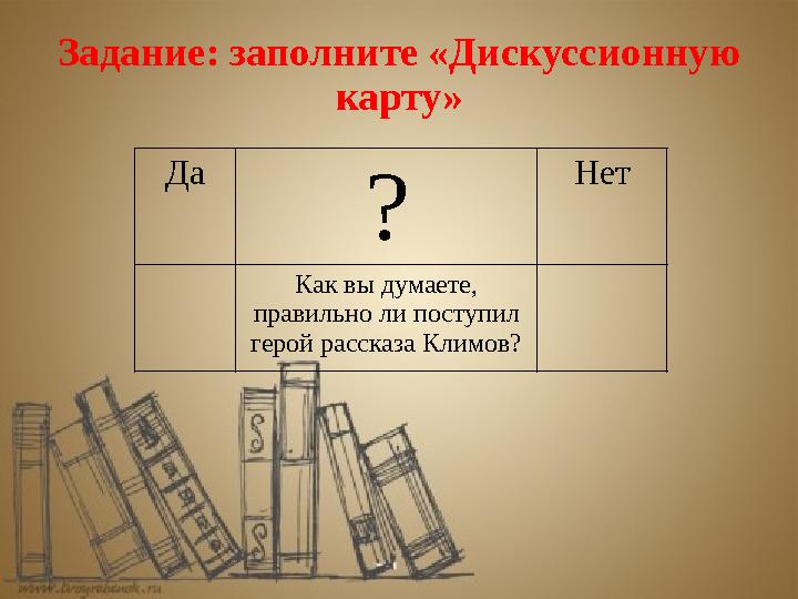 Задание: заполните «Дискуссионную карту» Да ? Нет Как вы думаете, правильно ли поступил герой рассказа Климов?