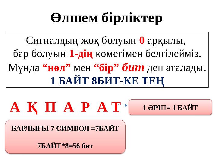 Өлшем бірліктер Сигналдың жоқ болуын 0 арқылы, бар болуын 1-дің көмегімен белгілейміз. Мұнда “нөл” мен “бір” бит деп