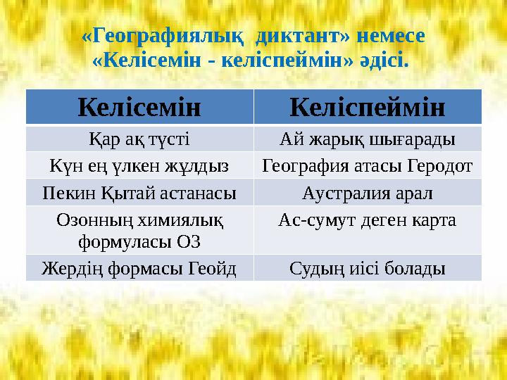«Географиялық диктант» немесе «Келісемін - келіспеймін» әдісі. Келісемін Келіспеймін Қар ақ түсті Ай жарық шығарады Күн ең