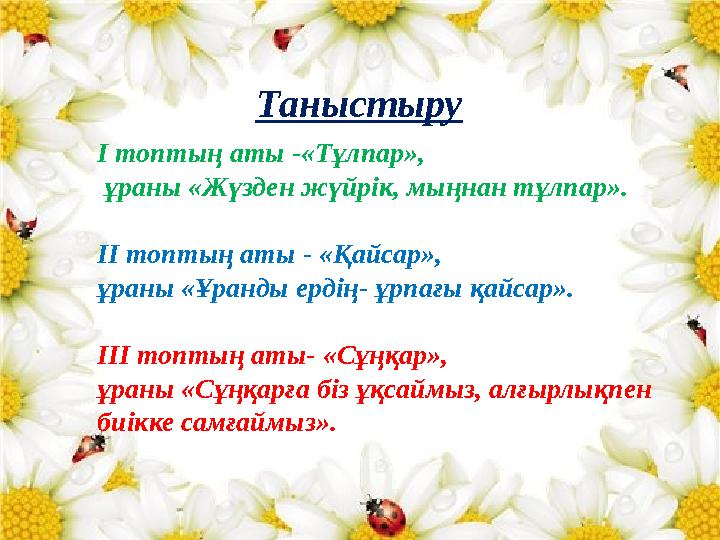 Таныстыру І топтың аты - «Тұлпар», ұраны «Жүзден жүйрік, мыңнан тұлпар». ІІ топтың аты - «Қайсар», ұраны «Ұранды ердің- ұрпа