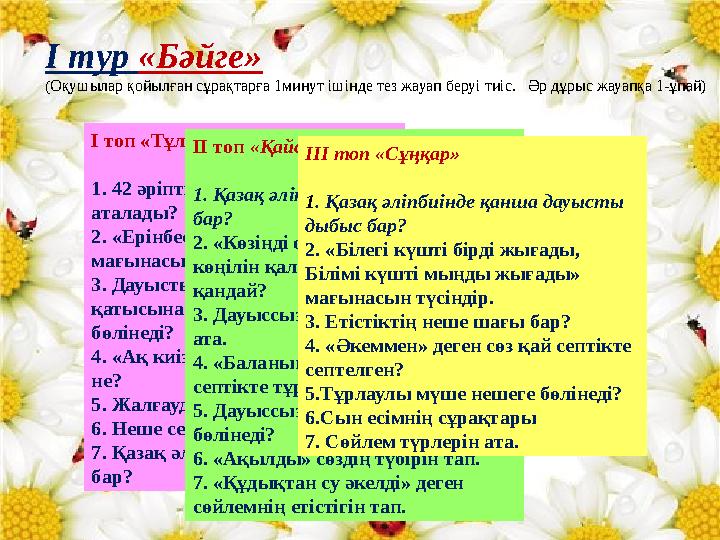 І тур «Бәйге» ( Оқушылар қойылған сұрақтарға 1минут ішінде тез жауап беруі тиіс. Әр дұрыс жауапқа 1-ұпай) І топ «Тұлпар» 1. 4