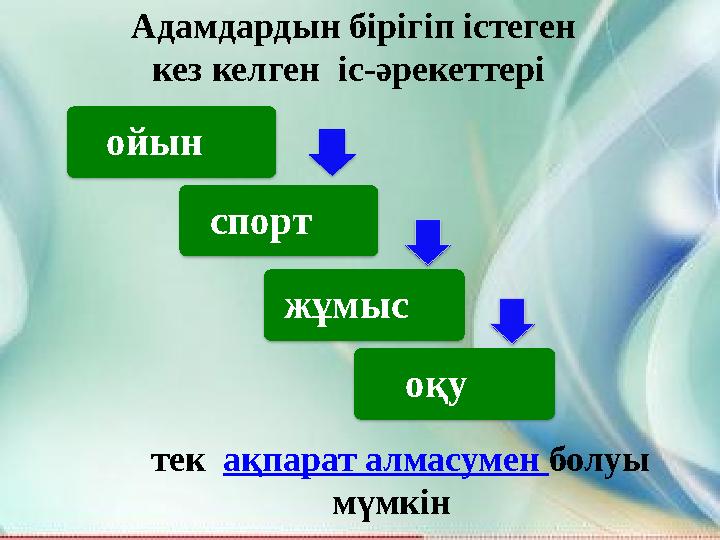 Адамдардын бірігіп істеген кез келген іс-әрекеттері ойын спорт жұмыс оқу тек ақпарат алмасумен болуы мүмкін
