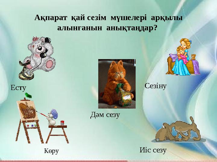 Ақпарат қай сезім мүшелері арқылы алынғанын анықтаңдар? Көру Есту Сезіну Иіс сезу Дәм сезу