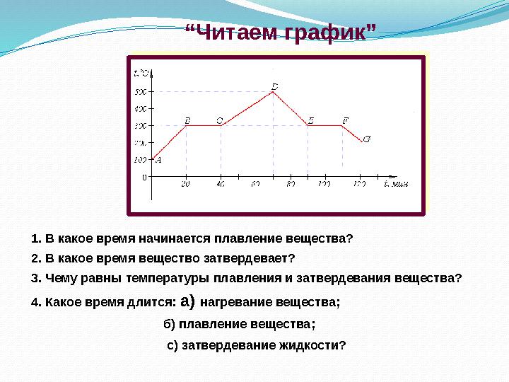 “Читаем график” 1. В какое время начинается плавление вещества? 4. Какое время длится: а) нагревание вещества; б) плавление