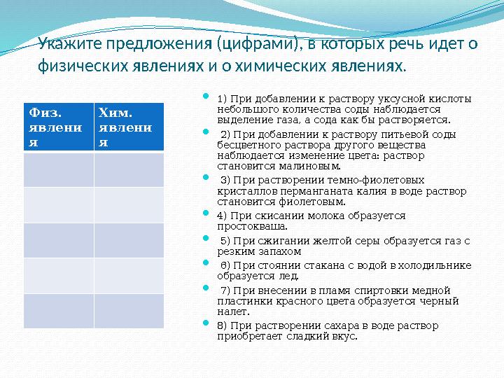 Укажите предложения (цифрами), в которых речь идет о физических явлениях и о химических явлениях.  1) При добавлении к раст