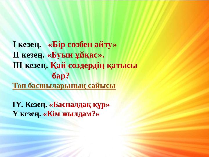 І кезең. «Бір сөзбен айту» ІІ кезең. «Буын ұйқас». ІІІ кезең. Қай сөздердің қатысы б